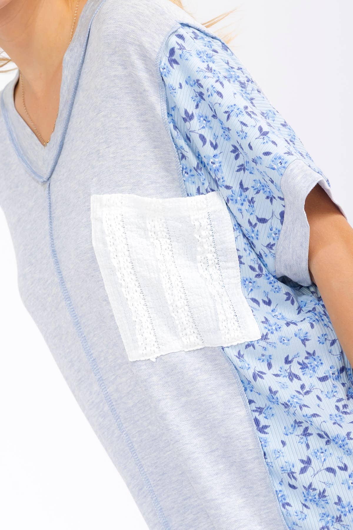 Color Block Patchwork Knit Top With Pocket T6346