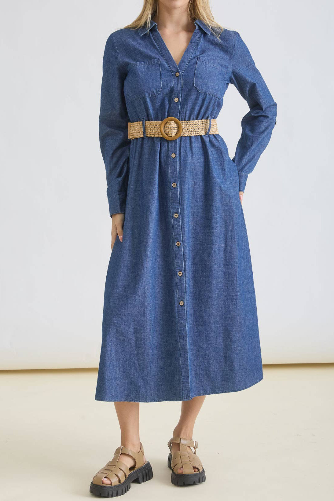 Button Down Denim Belted Dress
