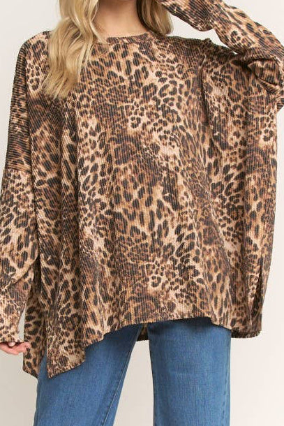 Oversized Leopard Ribbed Tunic Top