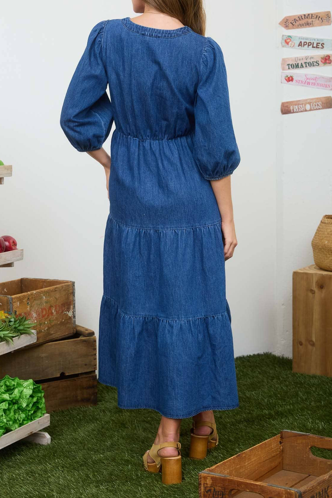 Front Tie 3/4 Sleeve Denim Midi Dress