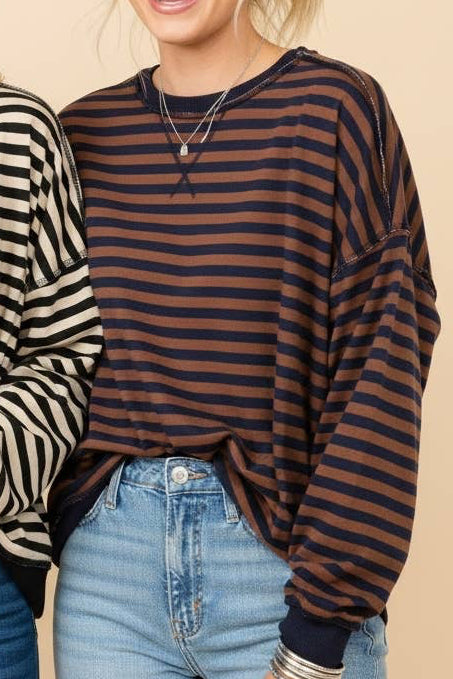 Navy Brown Striped Drop-Shoulder Pullover Sweatshirt