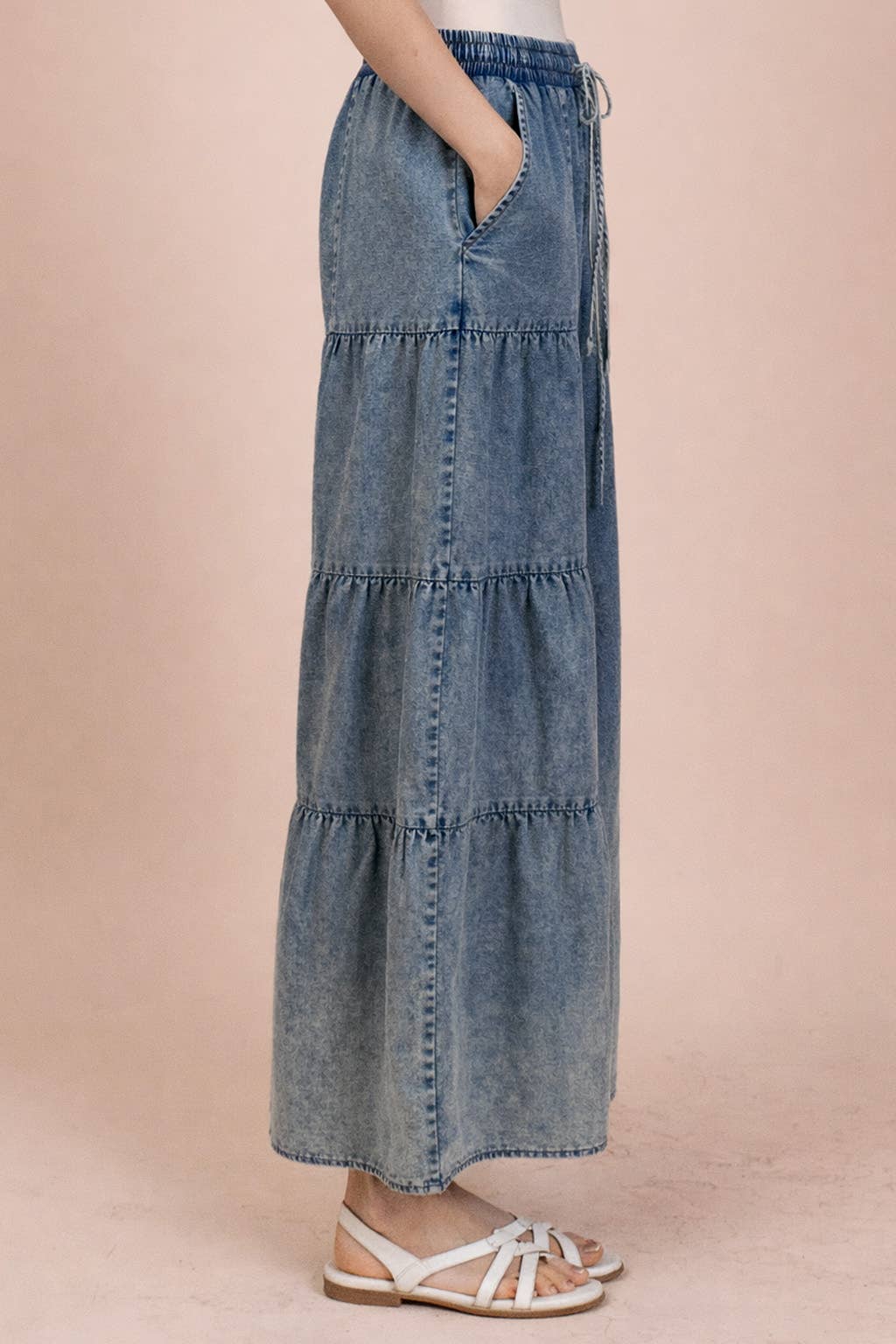 Tiered Layered Mineral Washed Chambray Pants