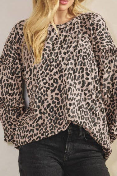 Taupe Leopard Ribbed Ruffle Sleeve Top
