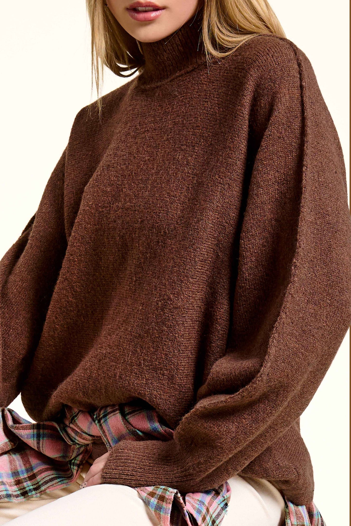 Pecan Loose Fit Balloon Sleeves Mock Neck Sweater