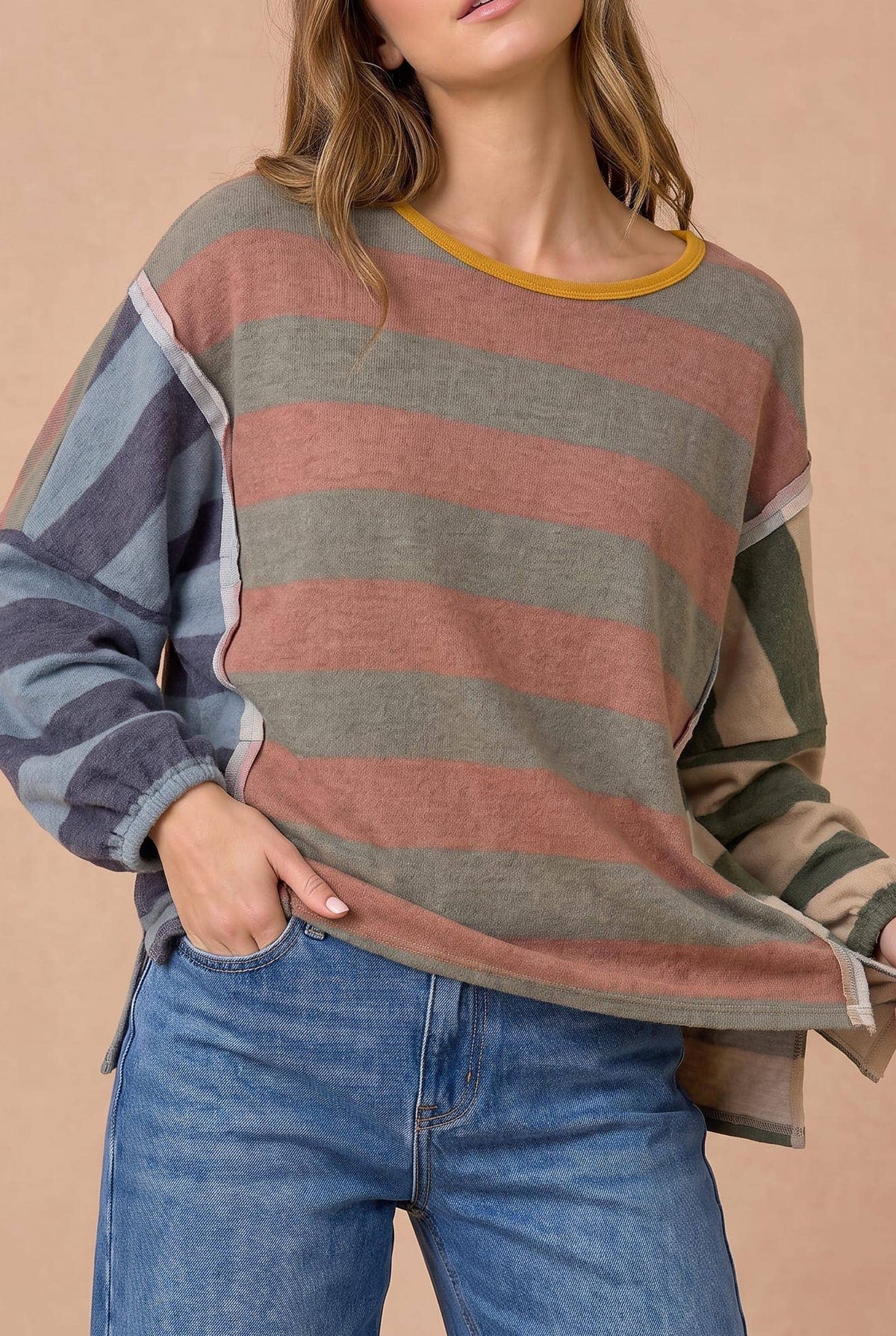 Striped Color Block Hacci Slit Top