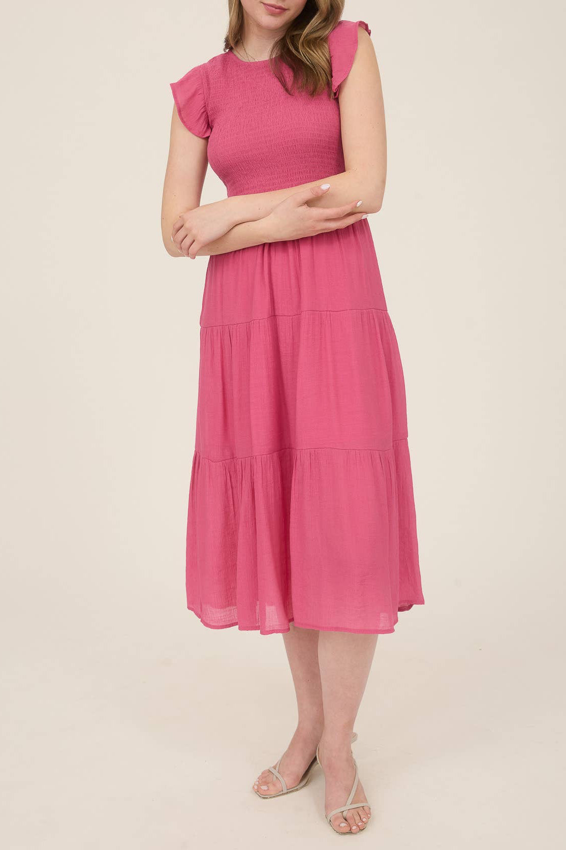 Pink Smocked Tiered Midi Dress