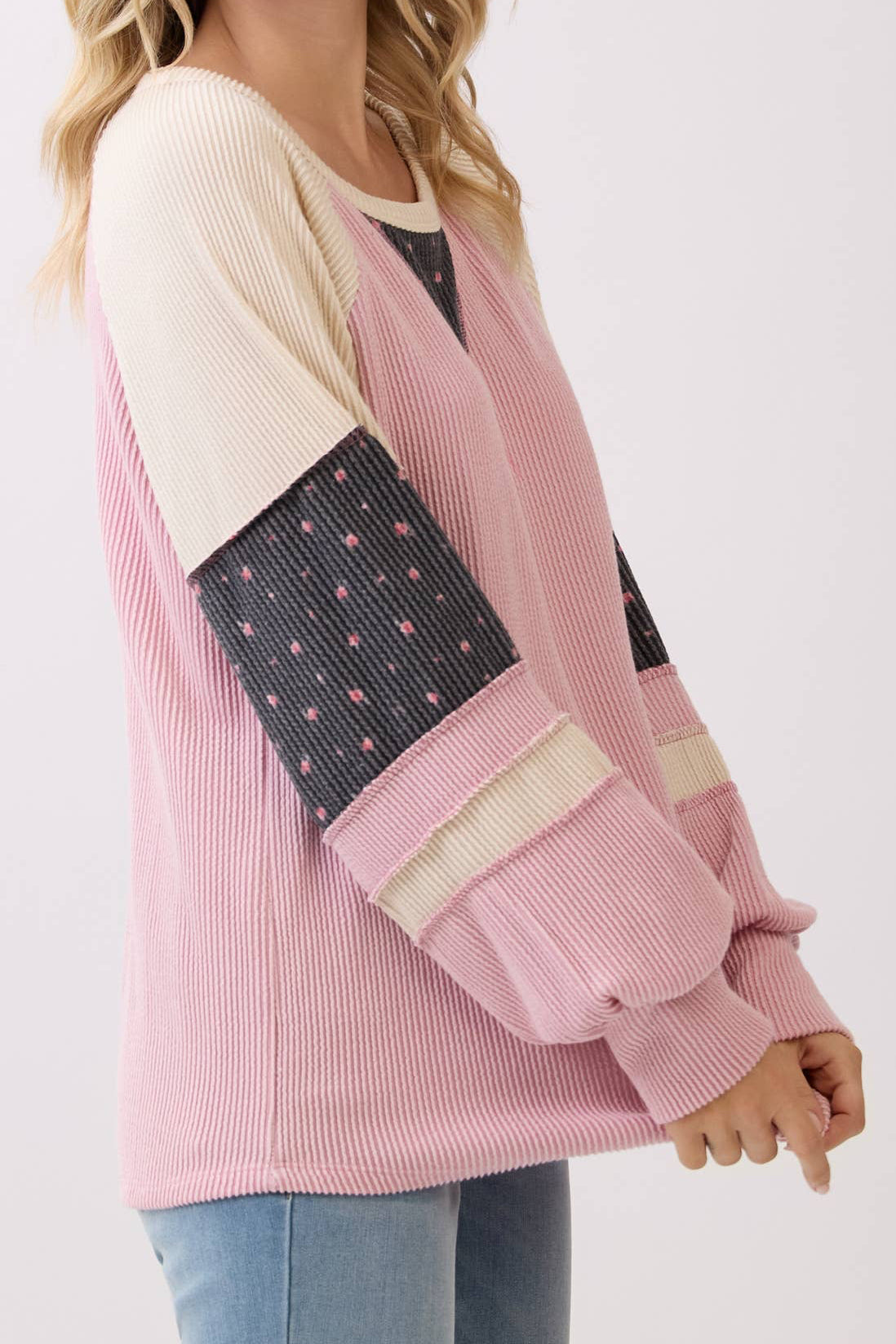 Pink Rib Color Block Floral Raglan Sleeves Pullover Top