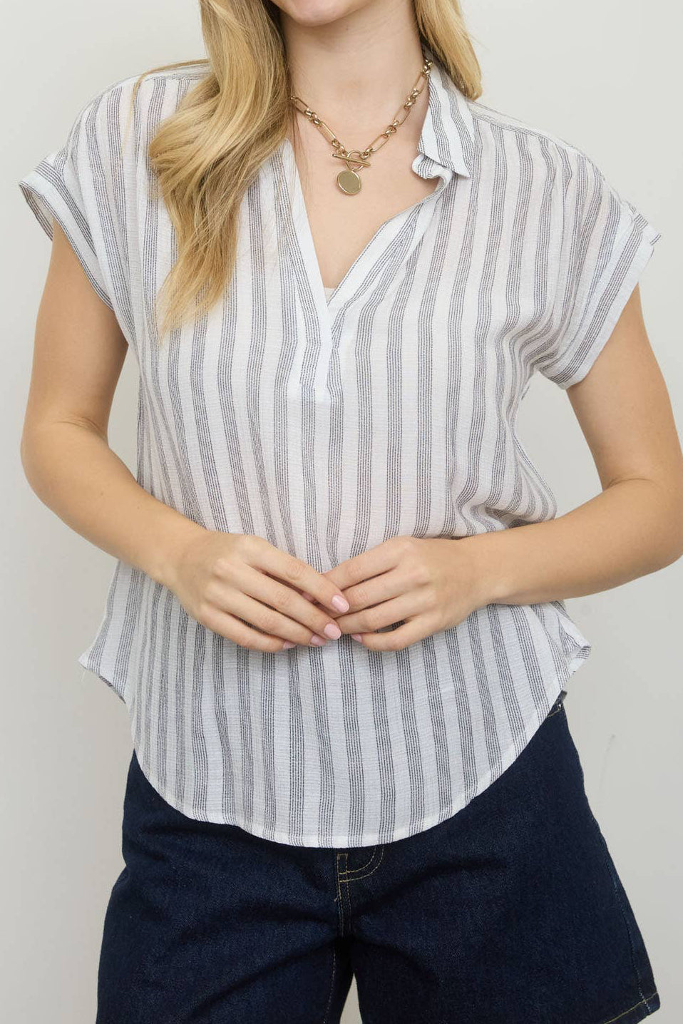 Stripe Collared V-Neck Button Down Short Sleeve Top