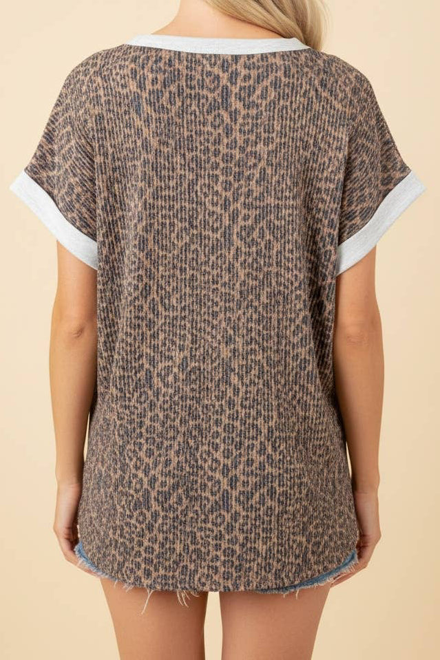 Contrast Trim Leopard Ribbed Shorts Set