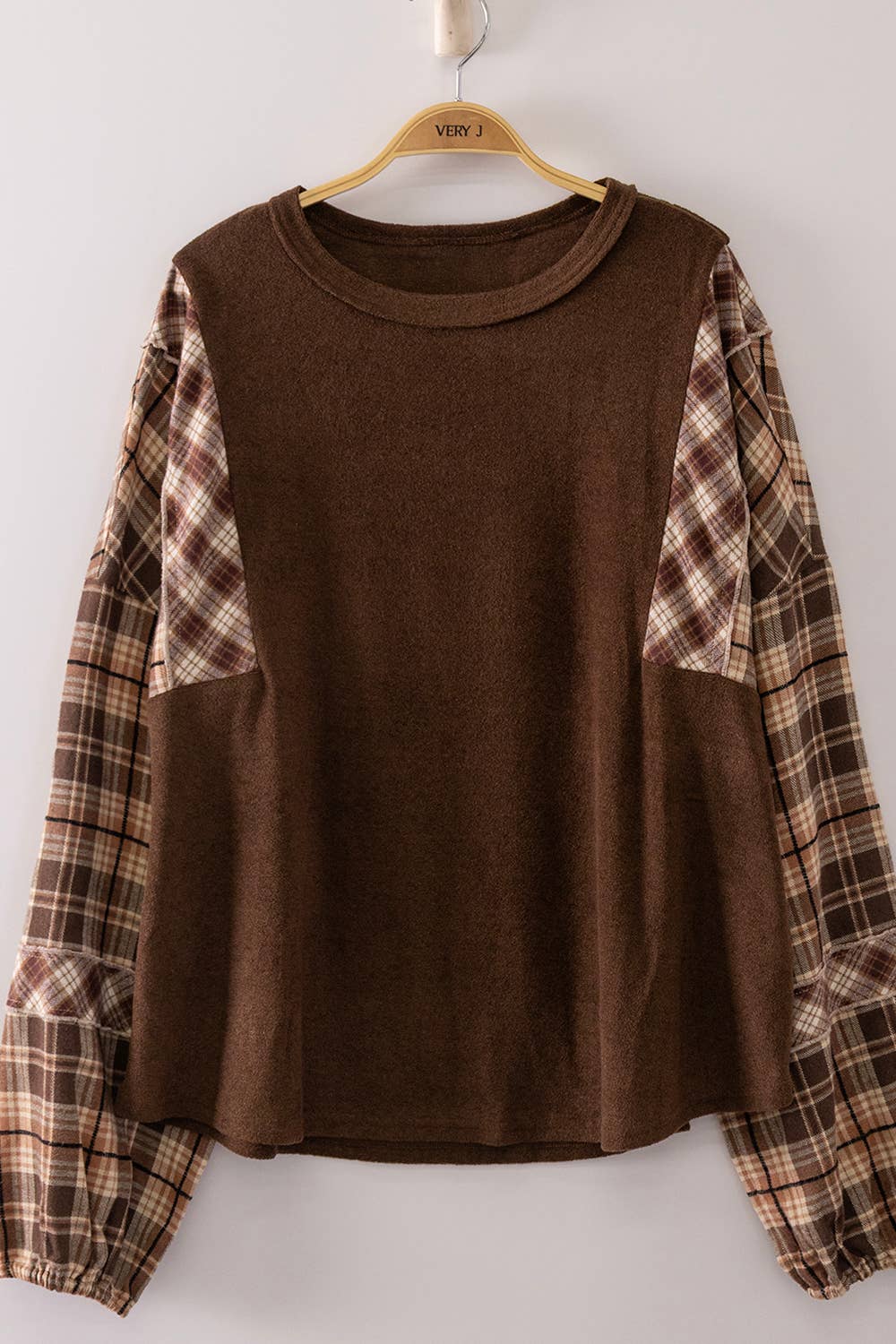 Brown Contrast Plaid Sleeve Top