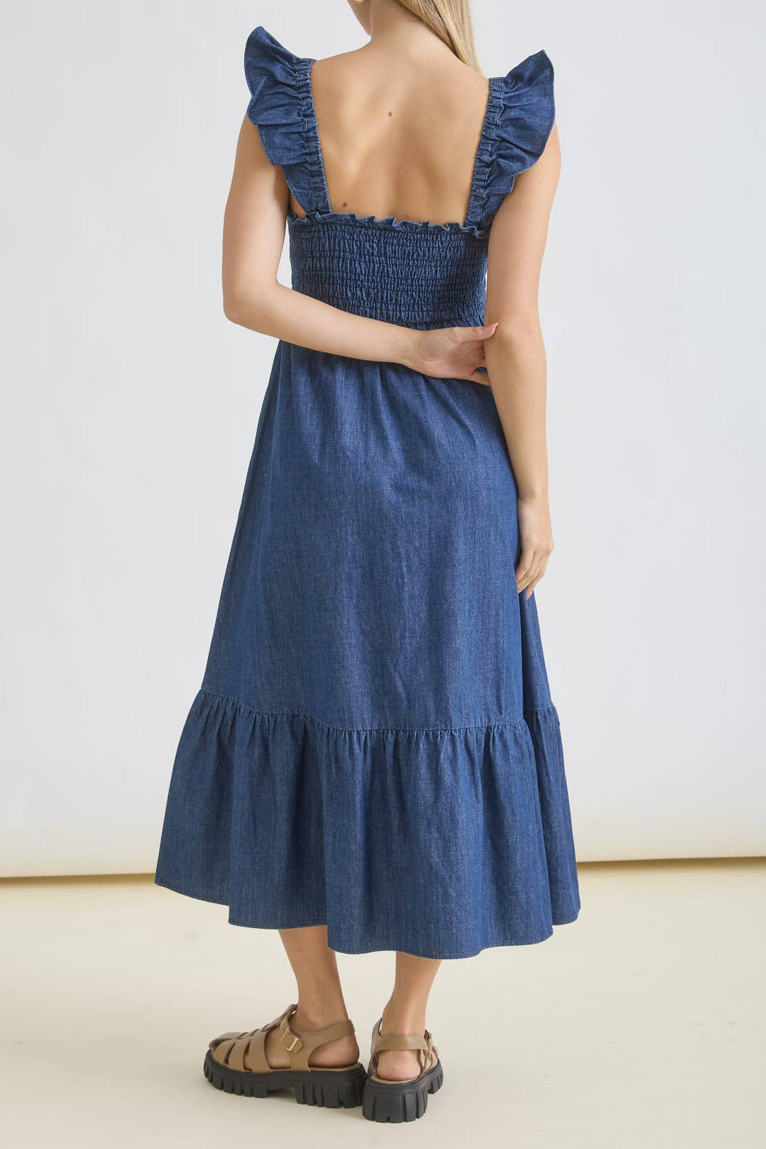 Dark Denim Smocked Ruffle Strap dress