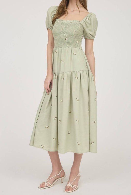Sage Embroidered Floral Smocked Midi Dress