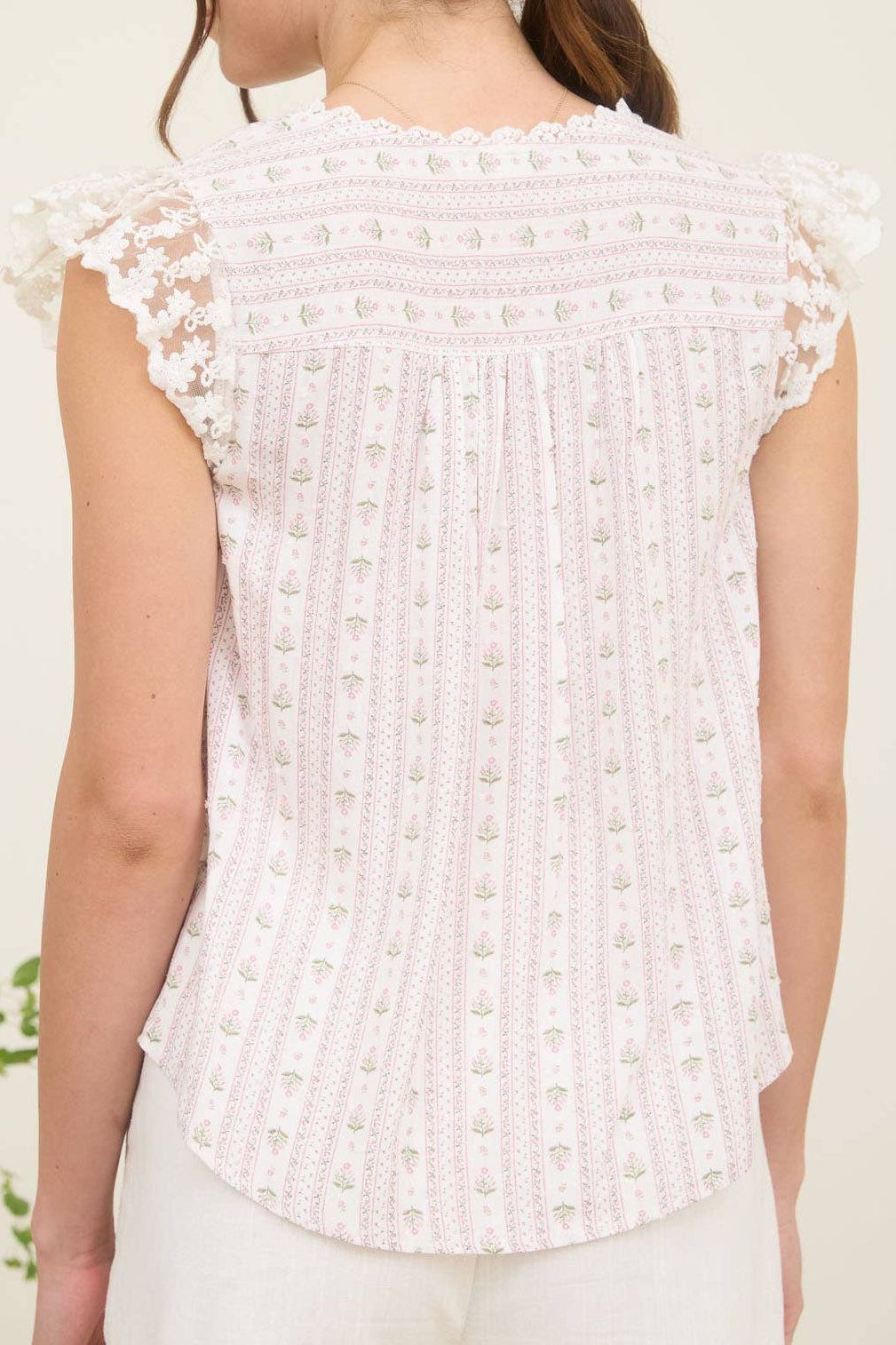Pink Floral Trellis Lace Shoulder Top