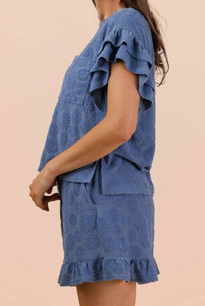 Floral Textured Ruffled Knit Top & Shorts Set