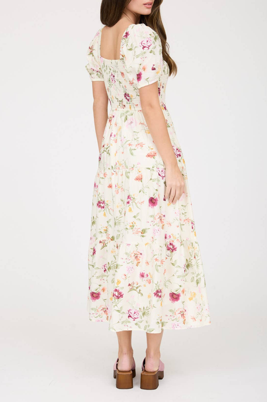Cream Floral Smocked Midi Dress