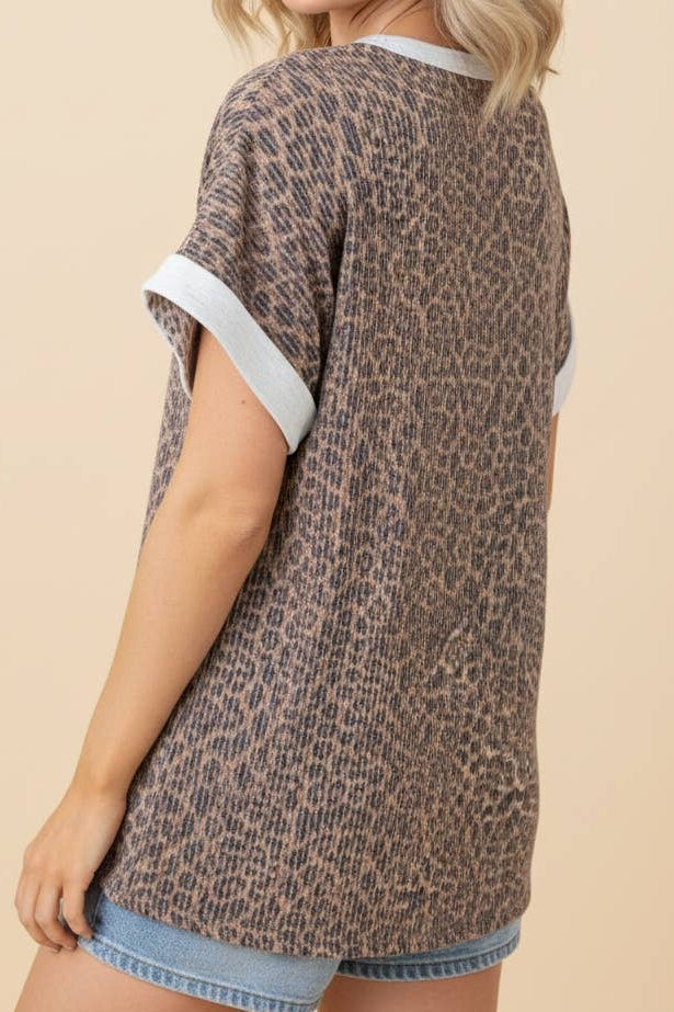 Contrast Trim Leopard Ribbed Shorts Set
