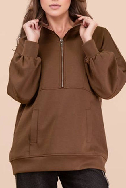 Mocha Half Zip UP Oversized Casual Comfy Knit Top