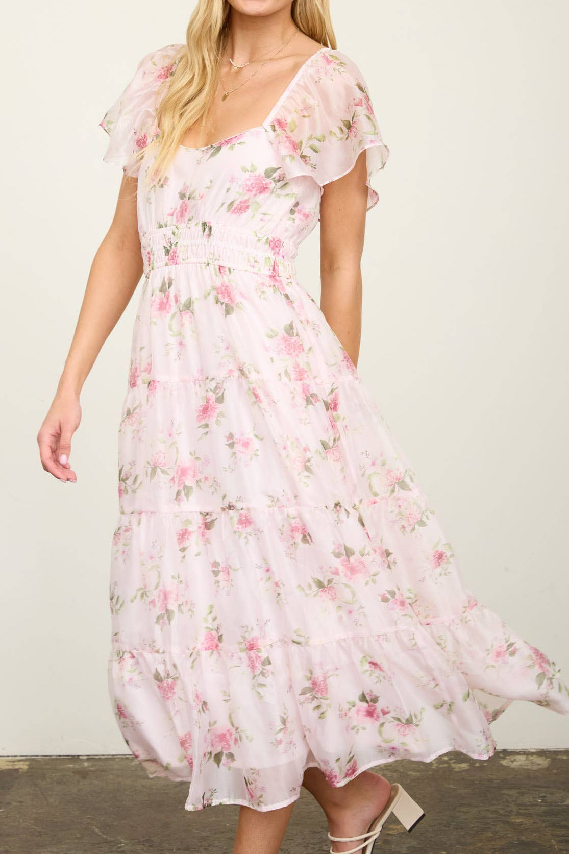 Floral Chiffon Flounce Sleeve Midi Dress