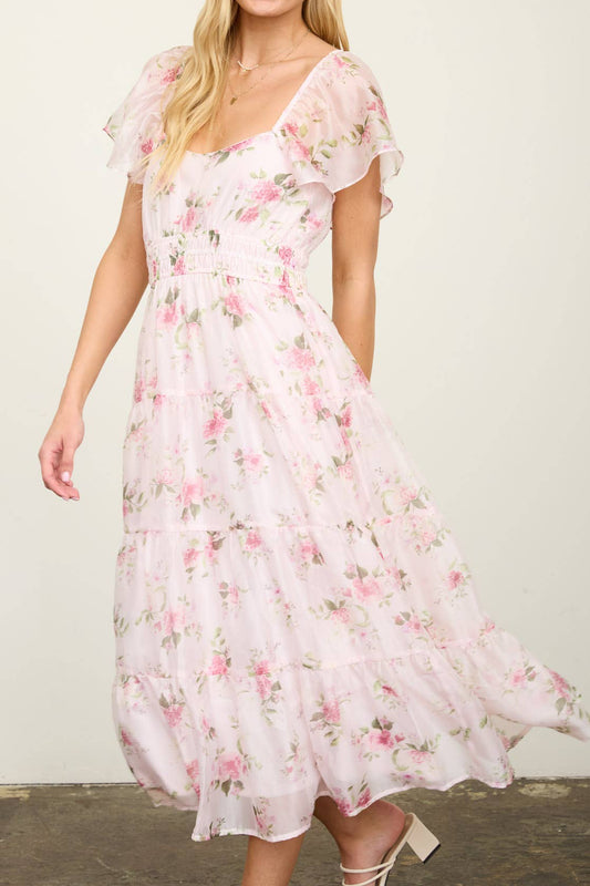 Floral Chiffon Flounce Sleeve Midi Dress