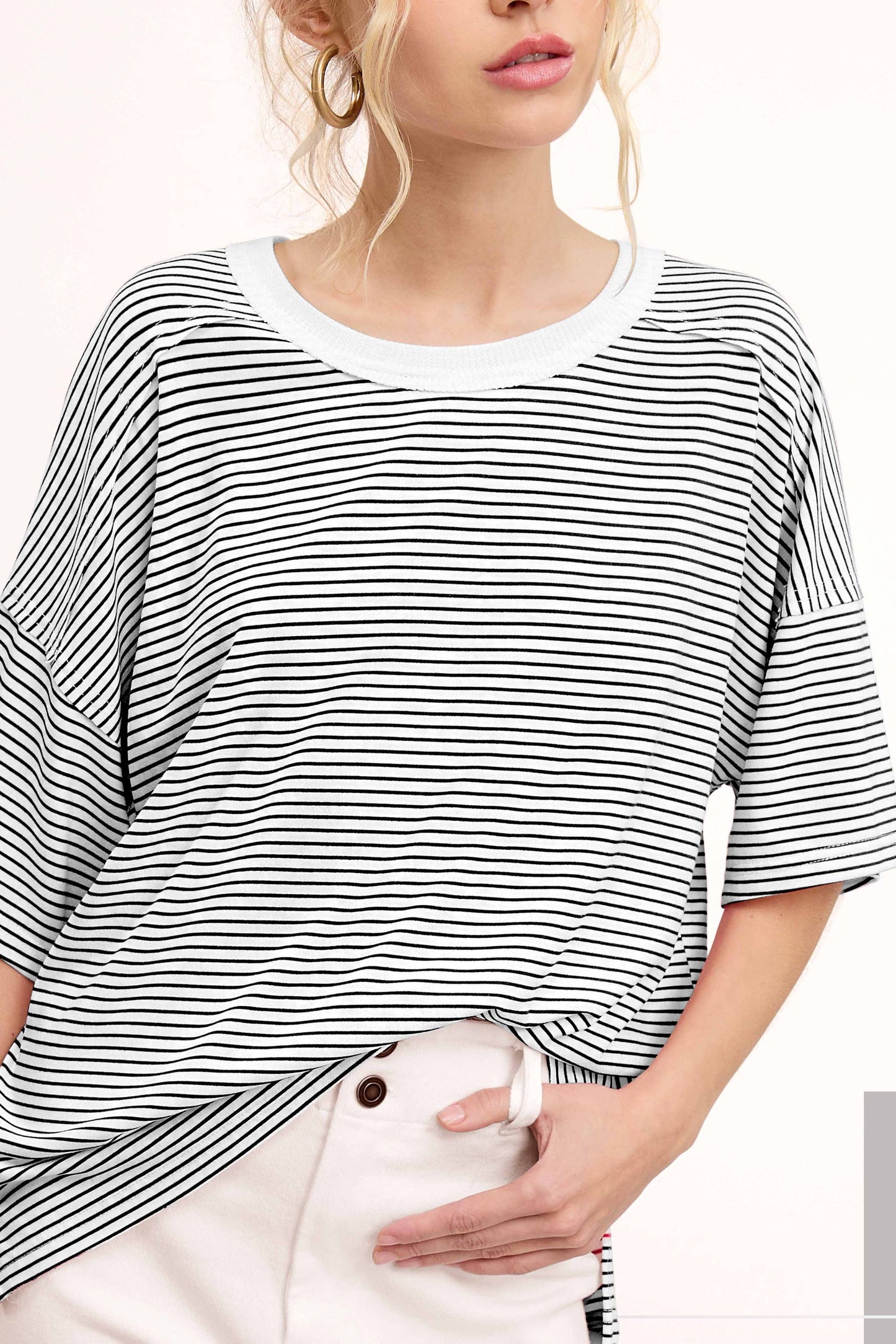 Basic Striped Drop Shoulder Short Sleeve Top