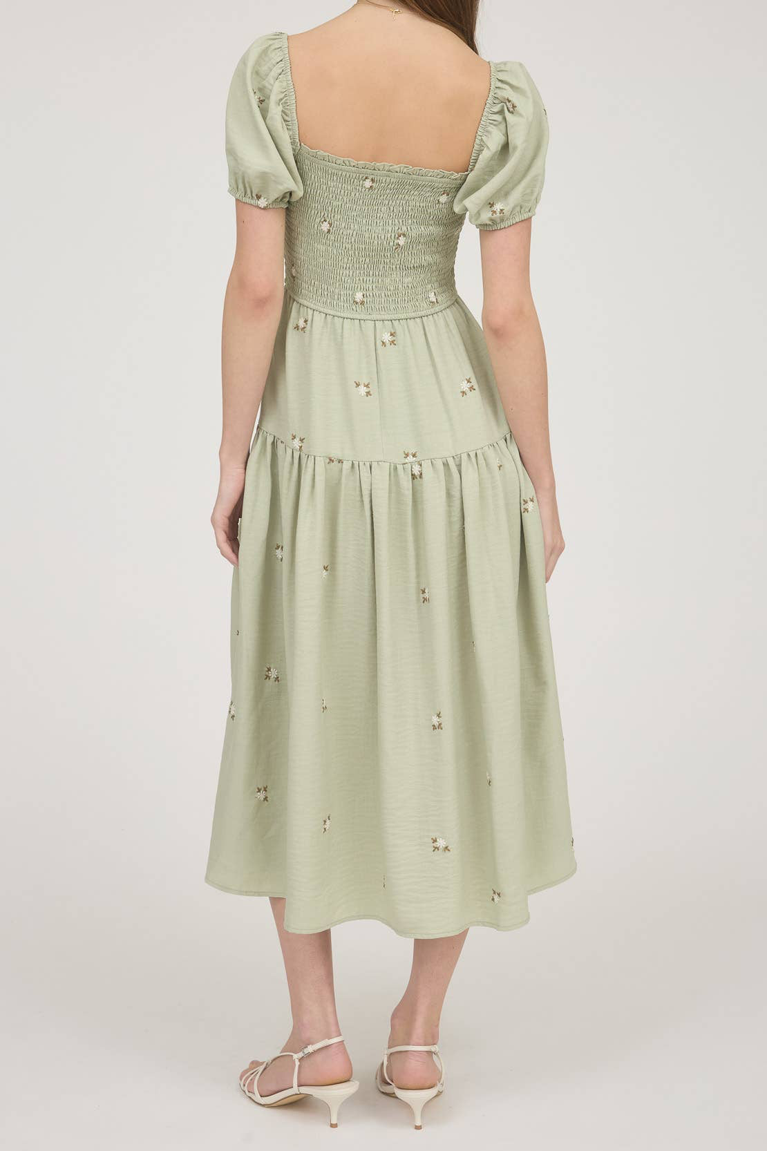 Sage Embroidered Floral Smocked Midi Dress