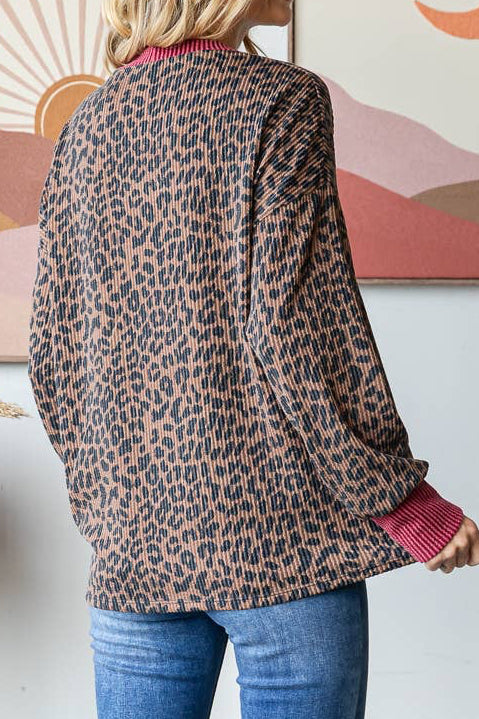 Rib Animal Print Drop Shoulder V Seam Long Sleeve Top