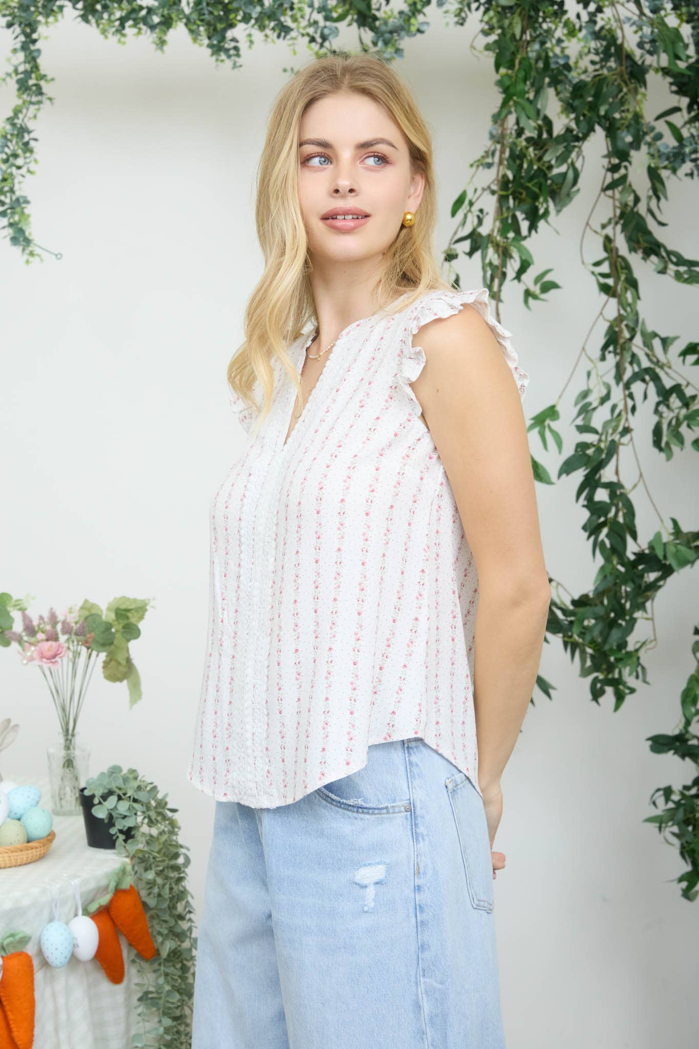 STRIPE FLORAL GARLAND PATTERN RUFFLE SLEEVE TOP