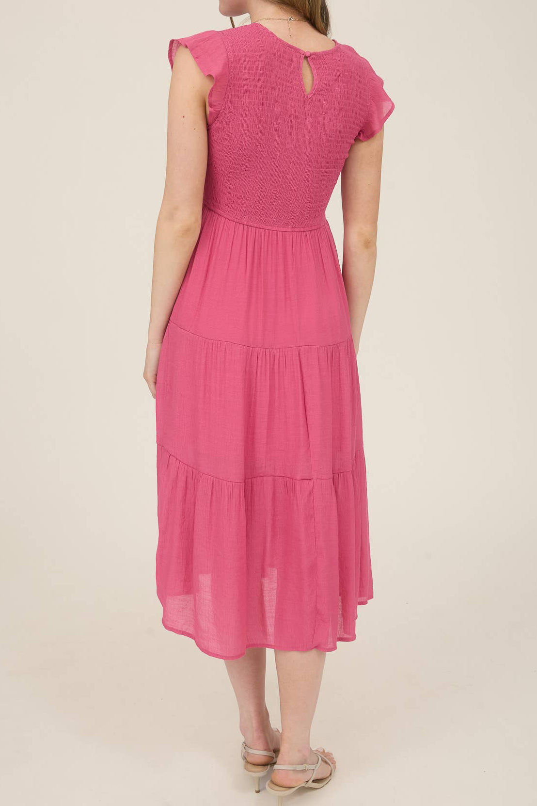 Pink Smocked Tiered Midi Dress